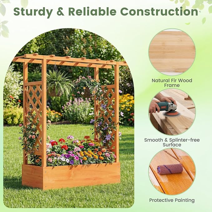 Giantex Wooden Raised Garden Bed with Trellis & Hanging Roof, Fir Wood Planter Box, 45" Freestanding Elevated Garden Bed for Outdoor Climbing Plants Vegetables Flowers, Patio & Balcony, Orange