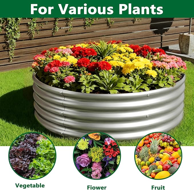 zizin 2 Pack Galvanized Raised Garden Bed Metal Round Raised Garden Beds Outdoor Planter Box for Vegetables (2FT, Silver)
