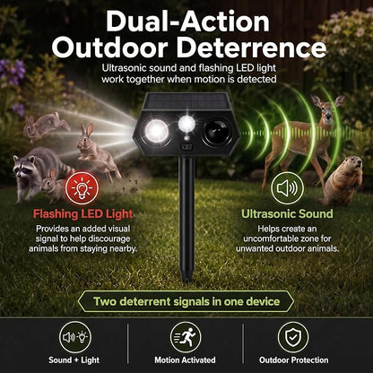 2026 Solar Ultrasonic Animal Repeller Outdoor, Deer Repellent Devices with Motion Sensor & LED Flashing Light, Cat Deterrent for Yard, Garden, Lawn, Rabbit, Squirrel, Raccoon, Dog, 2 Pack Black