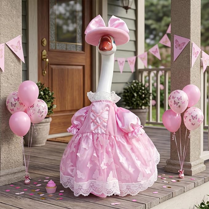 Porch Goose Statue with Princess Outfits - Cute Resin Goose Figurine with Pink Princess Dress Bow Hat, Waterproof Weather Resistant Garden Decor for Patio Lawn Room, Gift for Women Goose Lovers