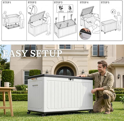 YITAHOME 90 Gallon Outdoor Storage Box with 6 Swivel Wheels & Dual Wooden | Large Double-Wall Resin Deck Box, Lockable Waterproof Patio Organizer for Furniture, Cushions, White & Black
