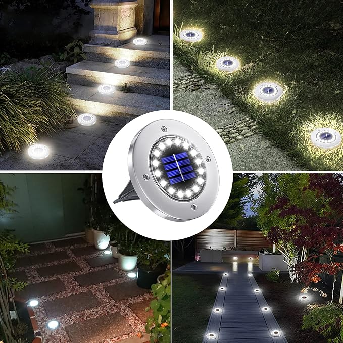 NFESOLAR Solar Ground Lights Outdoor with 16 LEDs Higher Brightness | IP65 Waterproof, Stainless Steel Shell, Auto ON/OFF, Wire-Free for Yard Garden Pathway - White 8 Pack