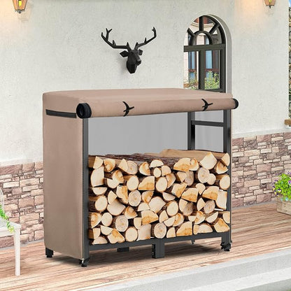 34Inch Firewood Rack Cover,Heavy Duty 600D Waterproof Outdoor Firewood Storage Rack Cover,All Weather Protection Outdoor Firewood Rac Cover.14 D x 34" W x 31" H. Khaki(Cover Only)