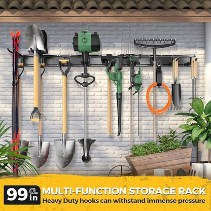 LBT 99" Garage Tool Organizer Wall Mount - 1000lbs Garden Tool Organizer with Adjustable Hooks, Heavy Duty Metal Garage Storage Rack, Anti-Rust Shed Rack Holder Hanging Rake Broom Mower Snowboard | with Adjustable Hooks, Heavy Duty Metal Garage Storage...