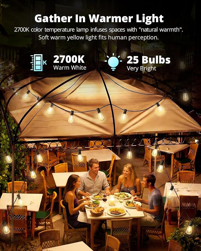 Outdoor String Lights 50FT, Patio Lights Outdoor Waterproof with 27 Bulbs | Shatterproof ST38 Edison Bulbs, Outside Hanging Light for Porch, Garden, Backyard, Deck, Balcony, Decor, 2700K Dimmable