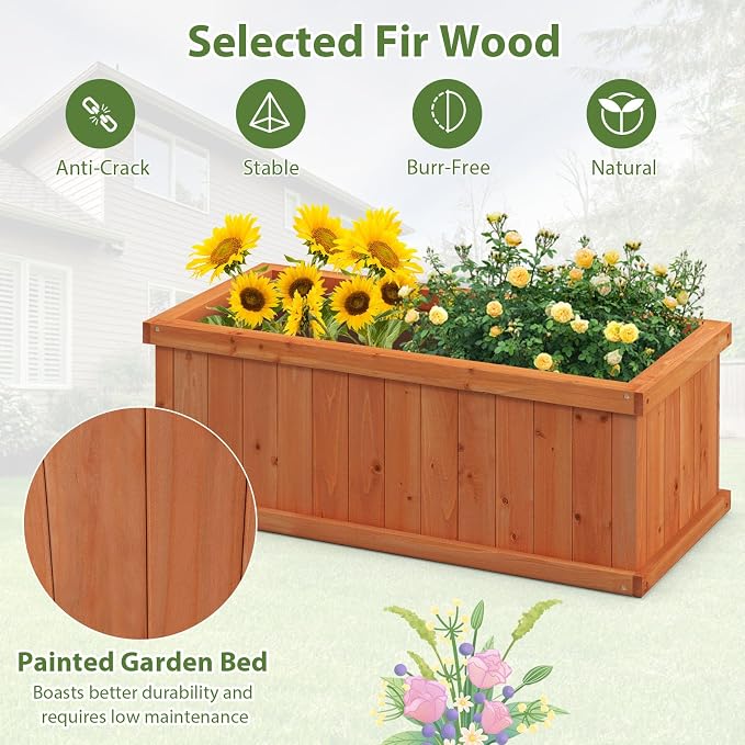 Giantex Raised Garden Bed Set of 2, 31”x14”x12” Wooden Elevated Planter Box with 4 Drainage Holes & Detachable Bottom Panels, Flower Bed, Rectangular Plant Container for Vegetables, Herbs & Fruits