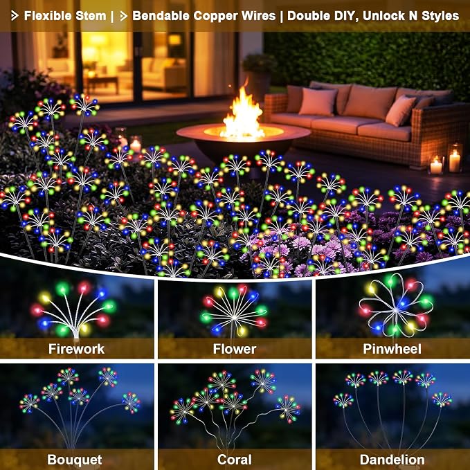 Solar Garden Lights Outdoor, 2 Pack New Upgraded Solar Swaying Starburst Light, Waterproof Fireworks Solar Lights, Yard Patio Pathway Decoration, Multicolor