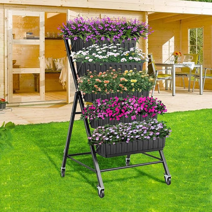 Suyncll 2 Pack Vertical Raised Garden Bed, 5 Tiers Elevated Planter Box with Drainage System and 4 Hooks, 4FT Vertical Planter for Herbs Vegetables Flowers (Black with 4 Wheels)