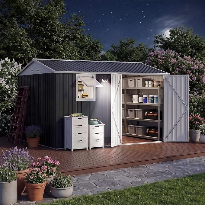 Garvee 10x8 FT Heavy-Duty Metal Outdoor Storage Shed with Solar Light | Motion Sensor Light, Window, Pegboard Tool Organizer, Lockable Doors, 4 Air Vents for Garden Patio Backyard Garage