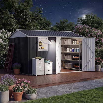 Garvee 10x8 FT Heavy-Duty Metal Outdoor Storage Shed with Solar Light | Motion Sensor Light, Window, Pegboard Tool Organizer, Lockable Doors, 4 Air Vents for Garden Patio Backyard Garage