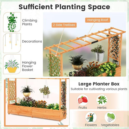 S AFSTAR 45-Inch Raised Garden Bed with Arch Trellis, Hanging Roof, Planter Box, Drainage Holes, Vertical Plant Container for Vine Climbing Plant Flower, Standing Wood Planter for Garden Patio Yard