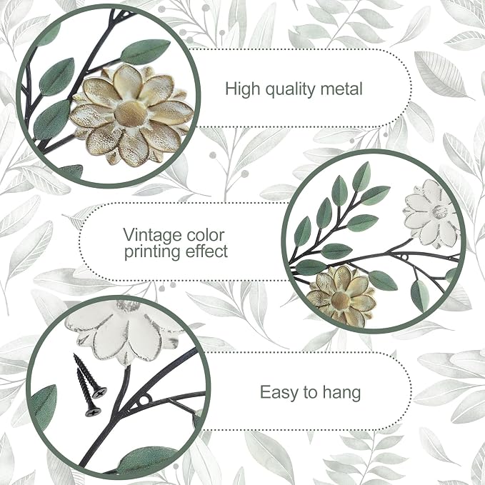 MorningRo 2 Pcs Metal Flower Leaves Wall Art Spring Wall Decor Living Room, 15.75 Inch Vintage Rustic Branch Leaf Wrought Iron Scroll Art Decor for Summer Bedroom Indoor Outdoor Decorations(Green)