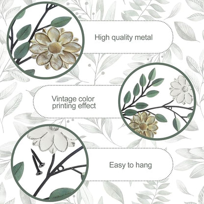 MorningRo 2 Pcs Metal Flower Leaves Wall Art Spring Wall Decor Living Room, 15.75 Inch Vintage Rustic Branch Leaf Wrought Iron Scroll Art Decor for Summer Bedroom Indoor Outdoor Decorations(Green)