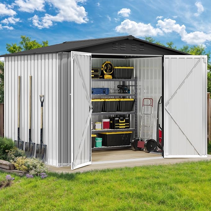 DWVO 7x5FT Outdoor Storage Shelter, Roomy Steel Tool Shed with Secure Entrances & Air Circulation for Patio, Lawn, and Backyard, Ideal for Storing Garden Gear, Lawn Tools, and Bikes, White