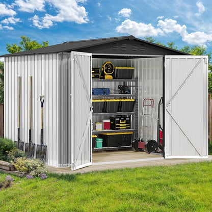 DWVO 7x5FT Outdoor Storage Shelter, Roomy Steel Tool Shed with Secure Entrances & Air Circulation for Patio, Lawn, and Backyard, Ideal for Storing Garden Gear, Lawn Tools, and Bikes, White