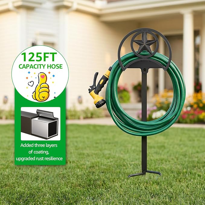 GOFORWILD Garden Hose Holder, Star Decorative, Durable Wall Hose Hanger, Hose Reel, Holds 125-Feet of 5/8-Inch Hose, Made of Gauge Steel