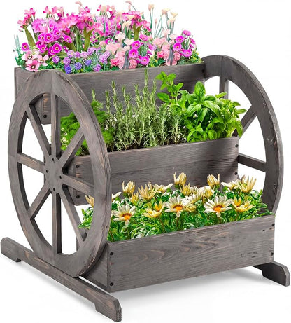 Beeveer Wooden Wagon Planter Box Garden Planter for Outside with Drainage Holes Decorative for Patio Garden Balcony Vegetables Flowers Herbs(Washed Antique Gray)