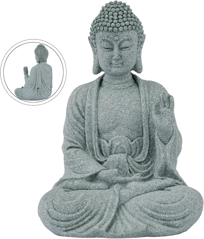Garden Buddha Resin Stone Statue for Outdoor and Indoor Zen Decor Sandstone Effect Lawn Ornament for Home and Garden Landscaping or Meditation Space(A)