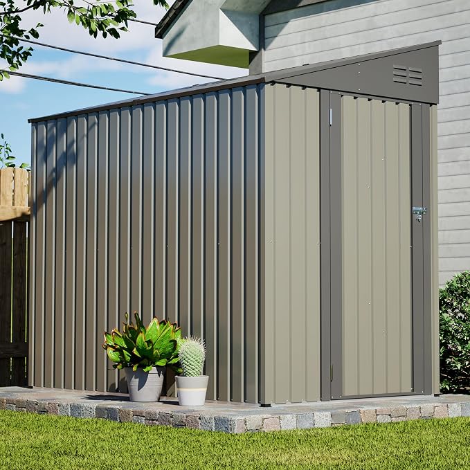 YOPTO 4x7 FT Outdoor Storage Shed,Metal Lean to Storage Shed with Reinforced Beams,All Weather Waterproof Garden Tool House W/Lockable Door & Reversible Installation,for Backyard,Patio,Lawn,Olive Gray