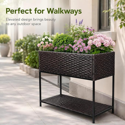 Raised Garden Bed - 3x1.5x2.5 ft Rattan Raised Bed Wicker Elevated Raised Garden Bed with Underneath Tool Storage Rack Shelf, Outdoor Raised Flower Planter Box