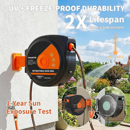 1/2 in x 65 ft Retractable Garden Hose Reel, Wall Mounted, 9-Function Nozzle, Any Length Lock, 180° Swivel, Auto Slow Rewind for Watering Lawn, Washing Car, Cleaning Patio
