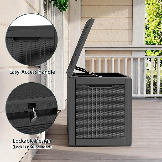 100 Gallon Deck Box, Waterproof Resin Rattan Outdoor Storage Box Lockable for Patio Furniture, Fade Resistant Patio Side Table & Organizer for Garden Tools, Pool Float, Outdoor Cushions, Black