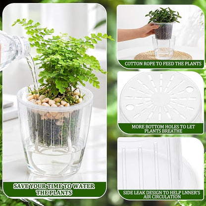 24 Pcs Self Watering Pots, 3.5/4.3/5.1'' Plastic Flower Plant Pot with Inner Pot Self Watering Wick Planter Clear Flower Pots for Indoor House Plants Herb Flowers Succulents (Transparent)