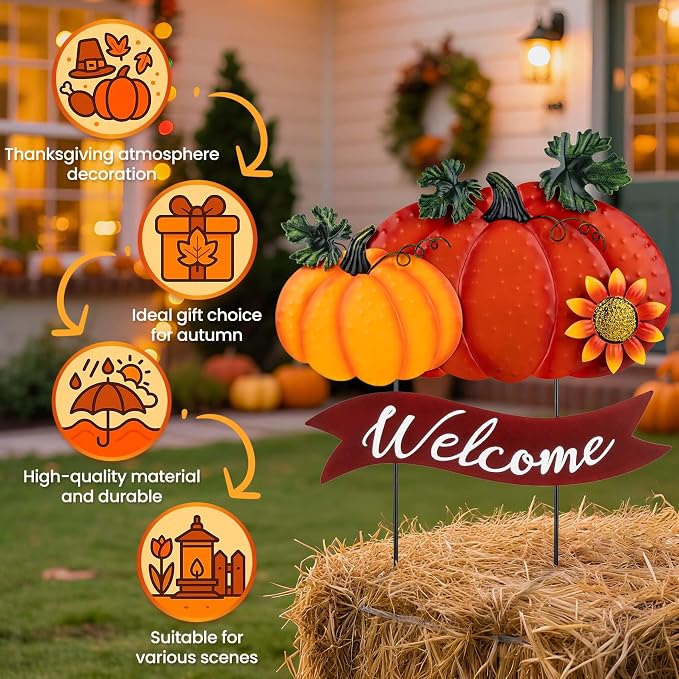 Fall Decorations for Home Outdoor - 21.2" Metal Pumpkin Yard Stakes with 2-Pumpkin Welcome Sign & Glitter Sunflower - Decorative Garden Stakes for Outside Garden Yard Lawn Patio Porch Decor