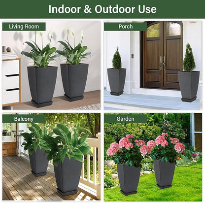 Neoaider Set of 2 Tall Planter, 21 inch Large Plastic Planter, Cement Gray | Ceramic-Look, Lightweight, Built-in Drain Hole, Saucers, Tall Outdoor Planter for Porch, Garden, Patio, Balcony