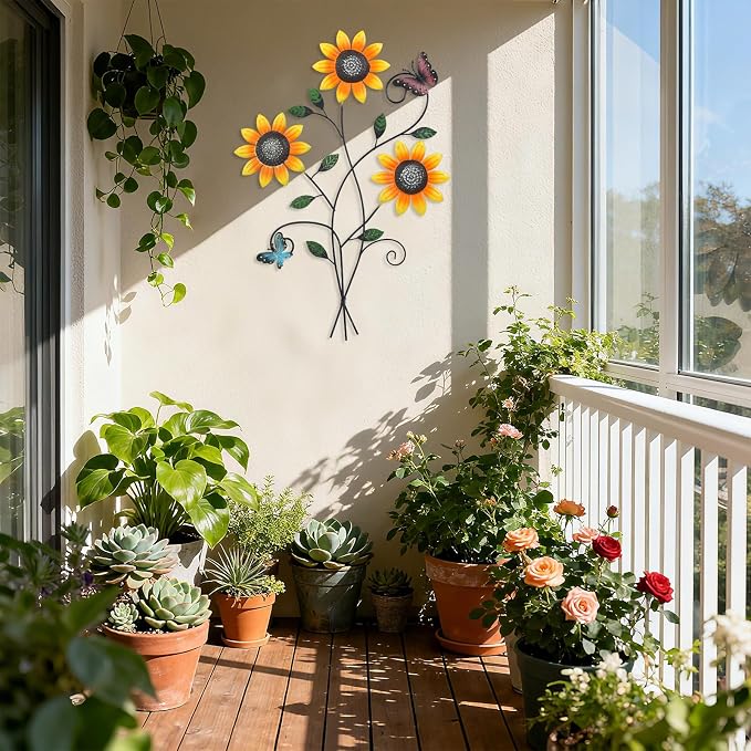 DETENE Metal Sunflower Wall Decor with Butterfly 3D Colorful Outdoor Wall Art Fence Decorations for Patio Metal Flowers Wall Hanging Ornament for Garden Porch Living Room Balcony Farmhouse (yellow-night light)