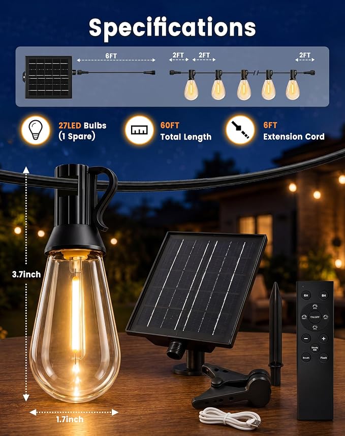 Solar String Lights Outdoor Waterproof, 60FT(54+6) 26 LED S14 Shatterproof Edison Bulbs, 2FT Spacing, 3 Modes, Dimmable, Timer, USB Solar Powered Hanging Patio Lights for Outside, Backyard