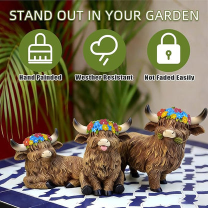 LEGIFO Highland Cow Figurine Set of 3, Funny Art Sculpture for Garden Backyard Patio Lawn Decorations, Outdoor Decor Statue Gift for Women Mom Grandma, Christmas Birthday
