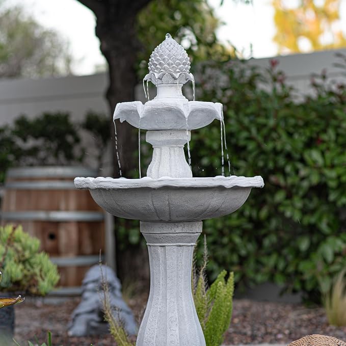 XBrand 44" Solar Powered Outdoor Fountain, Elegant 2-Tier Cascading Water Feature, Fiberglass Resin Garden & Patio Fountain with Solar Panel - White