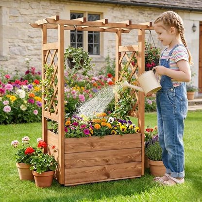 HAPPYGRILL Raised Garden Bed with Trellis, 31” x 16” x 41” Wood Elevated Planter Box with Roof, Freestanding Garden Planter for Climbing Plants Vines Flowers Herbs (1)