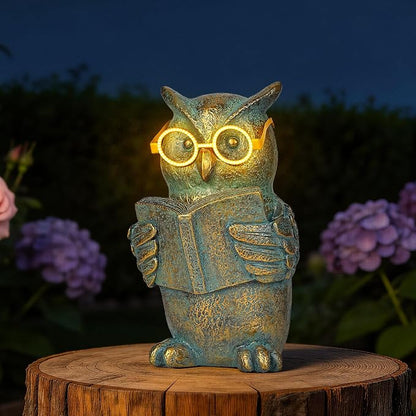 Reading Owl Statue with Solar Glasses Bronze Resin Garden Decoration Outdoor Figurine Light for Patio, Yard, Lawn, Housewarming Home Decor Gift for Women