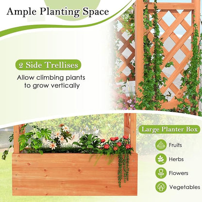 HAPPYGRILL Raised Garden Bed w/Trellis, 2 Wooden Elevated Planter Box w/Hanging Roof, Drainage Holes & Removable Bottom Panels for Climbing Vine Flower, Indoor Outdoor Wood Planter for Yard Patio