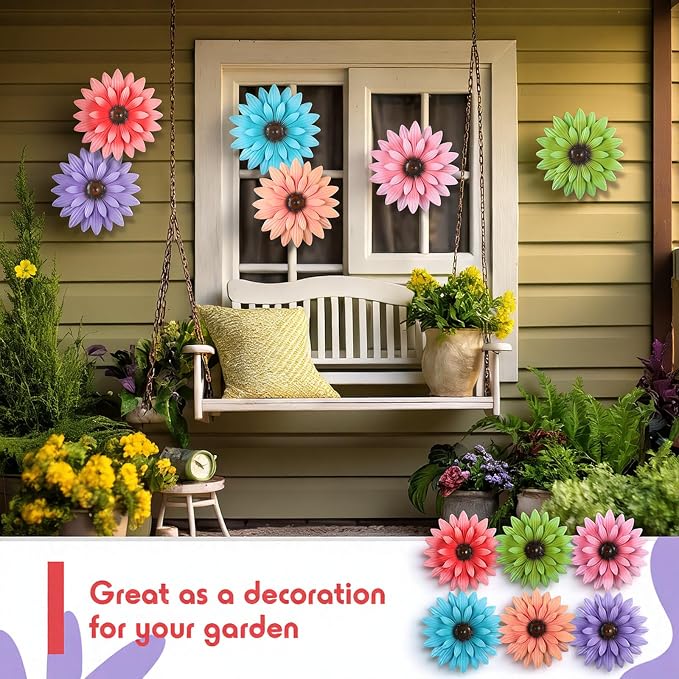 Zhehao 6 Pcs Metal Flower Wall Art Decor 8 Inch Sunflower Wall Decorations Hanging Outdoor Art Multicolored Handmade Metal Flowers Outdoor Decor (Morandi Color)