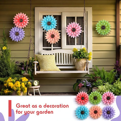 Zhehao 6 Pcs Metal Flower Wall Art Decor 8 Inch Sunflower Wall Decorations Hanging Outdoor Art Multicolored Handmade Metal Flowers Outdoor Decor (Morandi Color)