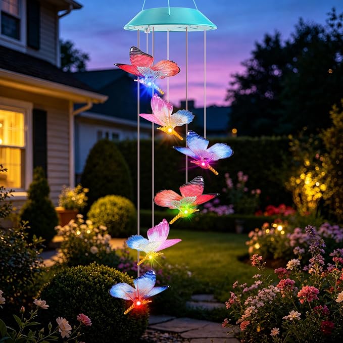 Toodour Solar Wind Chime, Color Changing LED Swaying Butterfly Wind Chimes, Upgrade Butterfly with Fluttering Wings, Waterproof Solar Outdoor Light Decor for Garden Window Patio, Gift for Mom Grandma