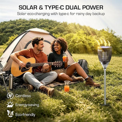 Solar Bug Zapper Outdoor, Mosquito Zapper with Flame & Projector Light Cordless Waterproof, Auto On/Off, Mosquito Trap Solar Powered, 4200V Electric Fly Zapper Killer for Patio Yard Camping Garden