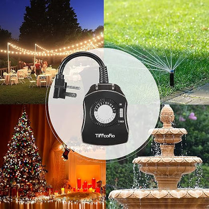 TiFFCOFiO Outdoor Timer Outlet for Lights, 24 Hour Mechanical, Outdoor Light Timer Waterproof, 2 Grounded Outlets for Home and Garden, 15A 1/2HP, Heavy Duty, CSA Listed (2 Pack)