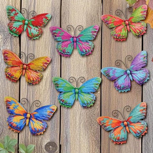 Junware 8 Pcs Metal Butterfly Wall Decor - 7.5" Outdoor Fence Wall Art, Hanging Decoration for Garden Yard Living Room Bedroom Patio Balcony (Butterfly-D)