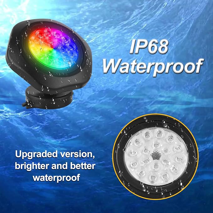 RGBW Pond Lights with Timer, 18 LED Underwater Submersible Fountain Lights Color Changing Landscape Spotlights Remote Control IP68 Waterproof for Fish Aquarium Tank Yard Garden Pool (Set of 6)