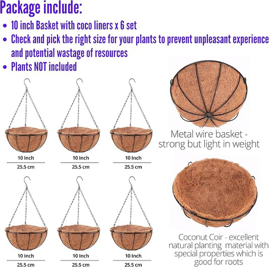 LaLaGreen Hanging Baskets for Plants (6 Pack, 10 Inch) Hanging Planter Outdoor with Coco Liner, Metal Wire Flower Basket Pots Holder Hanger Hook Deck Patio Porch Garden Balcony Outside Decoration