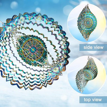 Wind Spinner Mandala Peacock - 12In Laser Cut Stainless Steel Wind Spinners Outdoor, 3D Kinetic Hanging Sculpture, Rustproof Metal Garden Decor Yard Art, Unique Gift for Women, Men, Holidays