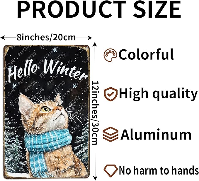 Hello Winter Cat Metal Signs Pine Trees Snowflakes Tin Signs Aluminum Sign for Home Farmhouse Office Outdoor Kitchen 12×8 Inch
