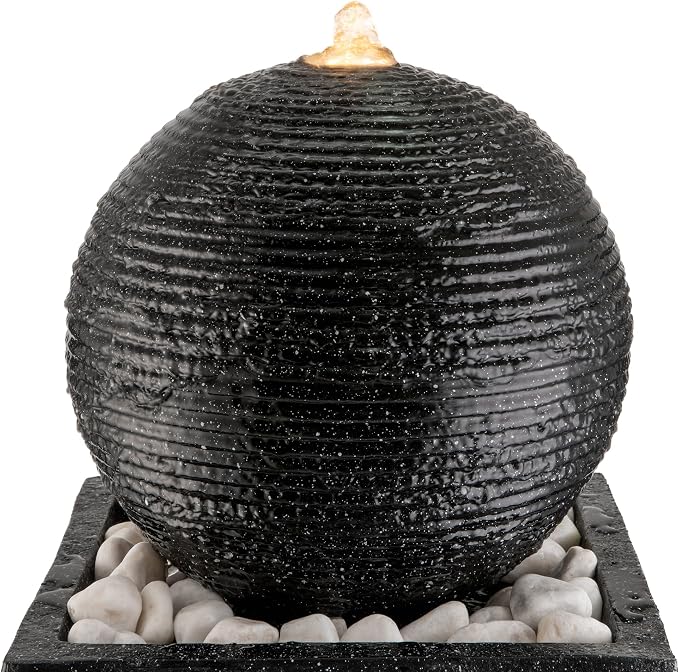 Glitzhome Water Fountain Outdoor, Outdoor Fountain with Lights, 40.5" H Modern Large Geometric Pedestal and Sphere Polyresin Outdoor Water Feature with Pump for Garden, Patio, Backyard, Porch (Black)