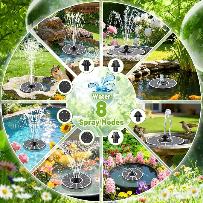 Solar Fountain with 3 Spray Height, Works in Shade, 3.5W Glass Solar Bird Bath Fountains with 2000mAh Battery and 4 Rotating Rods, 7 Nozzles, Outdoor Water Fountain Pump for Garden, Pool, Pond