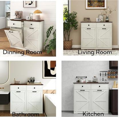 Ball & Cast Double Tilt Out Trash Cabinet for 20 Gallon Trash Cans, Farmhouse Barn Door Style with 2 Hideaway Drawers, Hidden Garbage & Recycling Center for Kitchen, Laundry Room (Antique White)