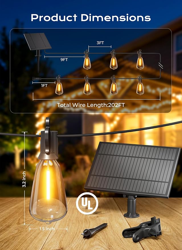 Brightown 202FT Solar String Lights Outdoor Waterproof, Patio Lights with Remote and 65+2 LED Shatterproof Bulbs, Dimmable & Timable, 3 Light Modes, Solar Lights Outdoor for Yard Camping Party Outside